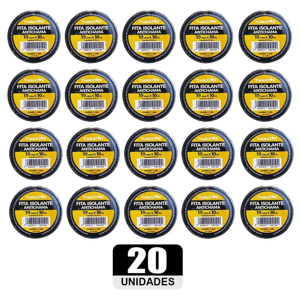 Kit 20 Rolos Pç Fita Isolante 10 Metros Preta