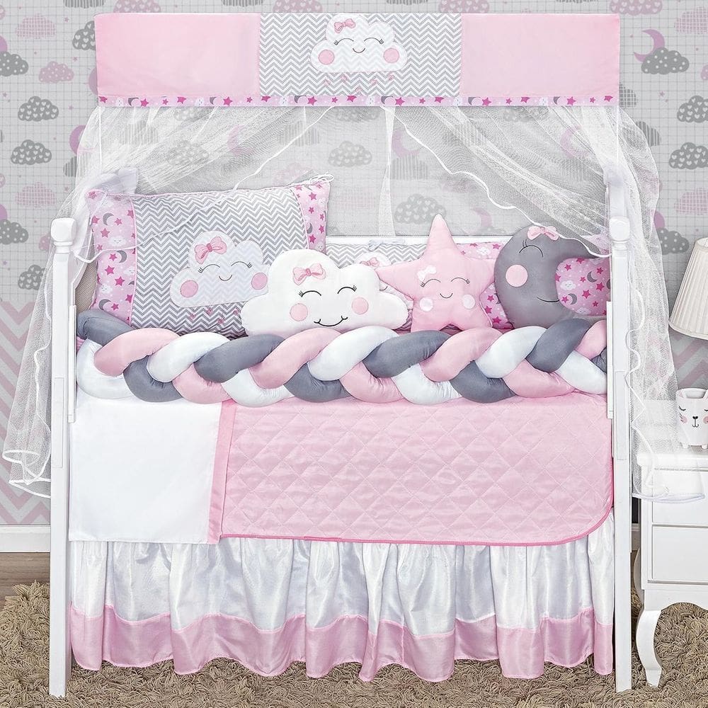 Kit Berço Trança Céu Lua Nuvem Estrela Rosa Menina 13 Peças