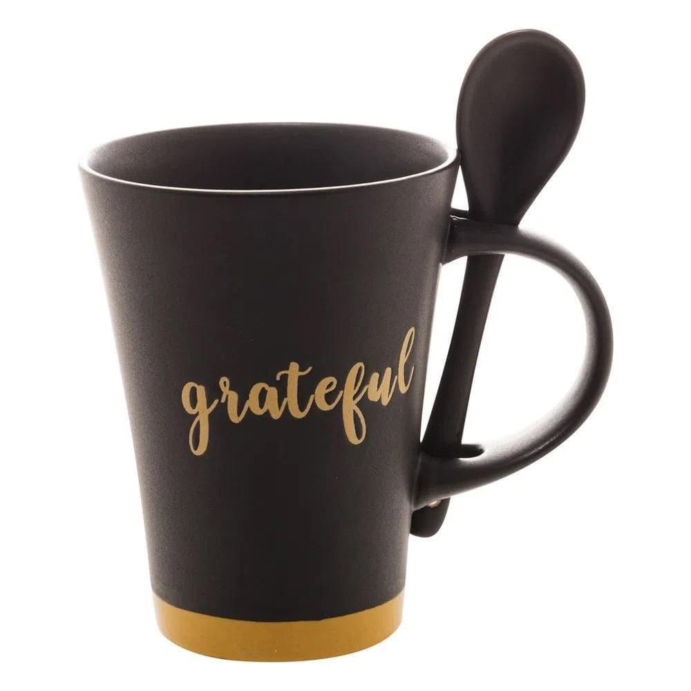 Caneca Com Colher Grateful Preto Matt/Amarelo 310Ml - Bon Gourmet