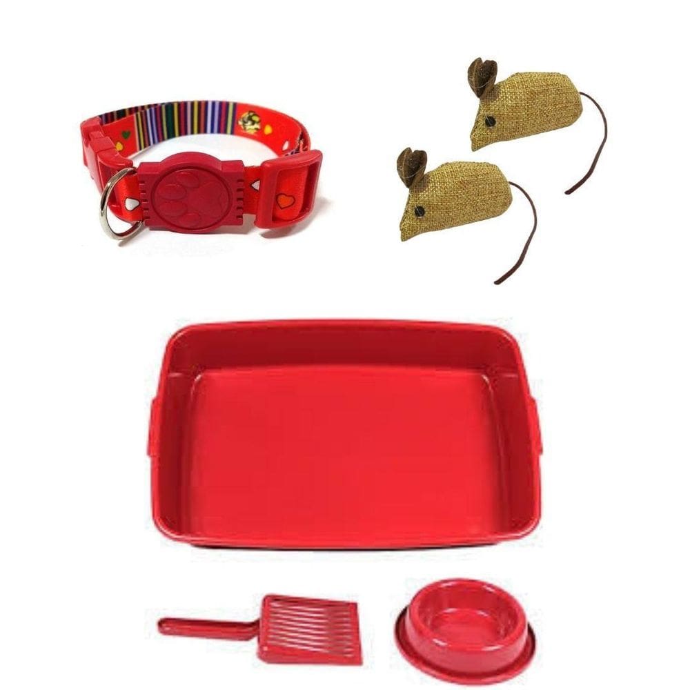 Kit Higiênico, 2 Ratinhos E 1 Coleira Para Gatos - Vermelho.