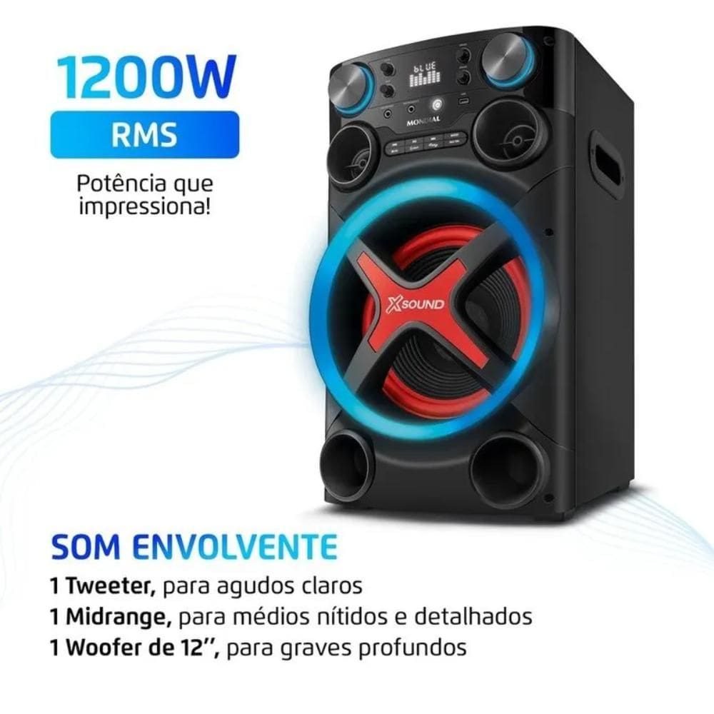 Caixa de Som Mondial Bluetooth 5.3 com Luzes e Entrada para Microfone 1200W RMS APP - TM-1200