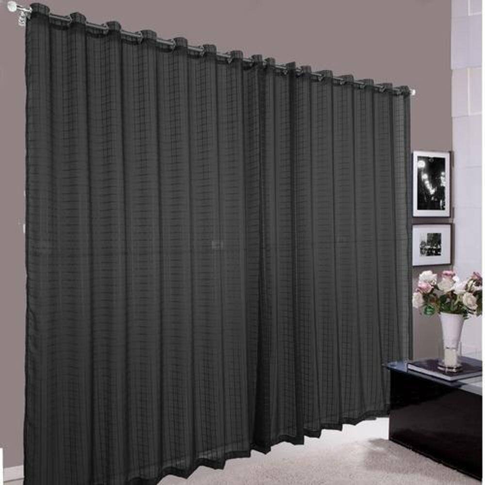 Cortina Pra Sala Grande Voal Quadriculado Preto 6,00X2,80