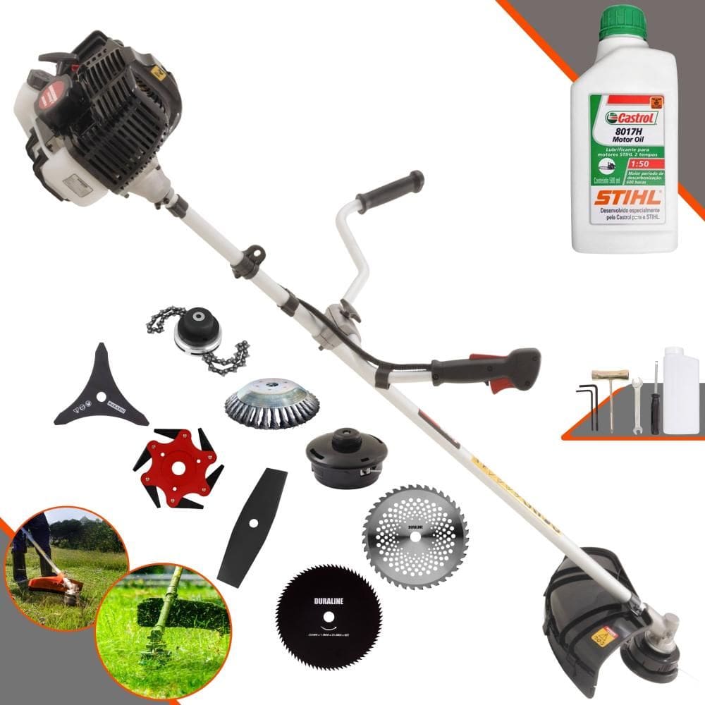Roçadeira Robusta Kawashima KW43-LE À Gasolina 43cc 1,7HP Para Todos os Tipos de Trabalho Com Carretel Nylon + Kit de 7 Opções de Cortes + ÓLEO STIHL