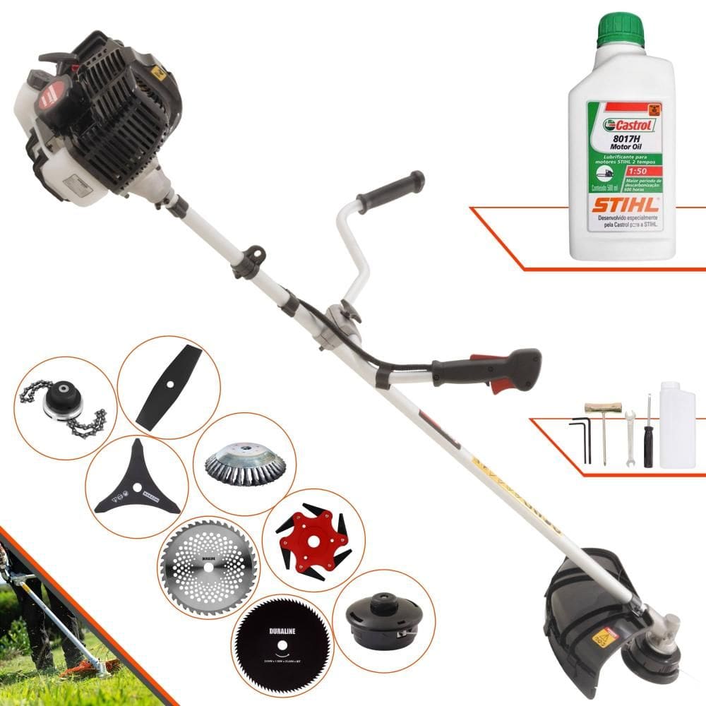 Roçadeira Kawashima KW43LE 43cc 1,7HP Com Carretel + Facas 2 Pontas, 3 Pontas, 6 Pontas, 40 Dentes, 80 Dentes, Trimmer, Escova de Aço + ÓLEO STIHL 2T