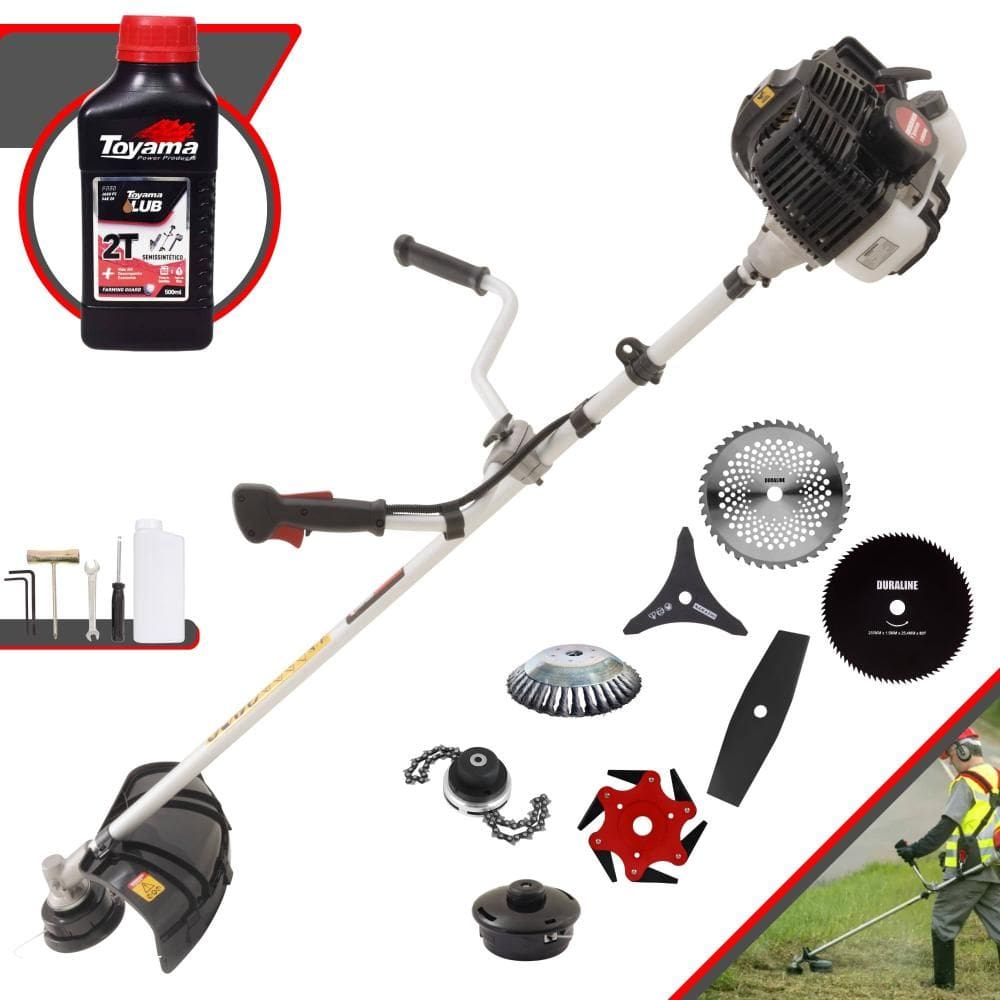 Roçadeira Multifuncional Kawashima KW43LE À Gasolina 2T 43cc 1,7HP de Potência Alta Rotação Com Carretel de Nylon + Kit 7 Lâminas Extras + ÓLEO TOYAMA