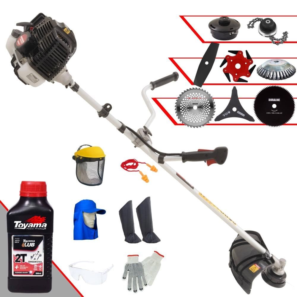 Roçadeira Kawashima KW43LE 43cc 1,7HP + Facas 2 Pontas, 3 Pontas, 6 Pontas, 40 Dentes Vídea, 80 Dentes, Trimmer e Escova de Aço + EPI + ÓLEO TOYAMA 2T