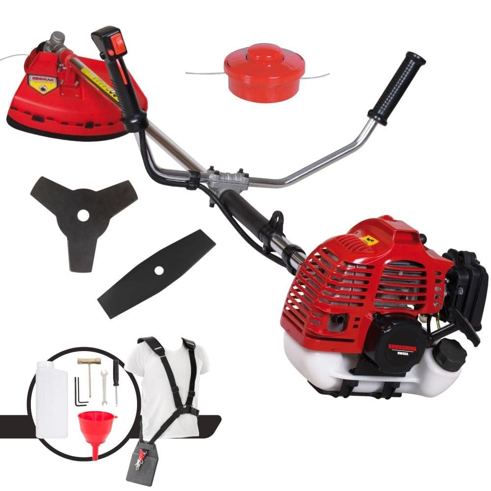 Roçadeira Lateral Kawashima KW52-L À Gasolina 2 Tempos 52cc 10.000rpm 2,5HP de Potência Completo Com Lâmina Facão + Lâmina 3 Pontas + Carretel Nylon