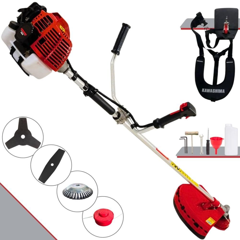 Aparador de Grama À Gasolina Kawashima KW52L 52cc 2,5HP 2T Completa Com Carretel de Nylon + Faca 2 Pontas + Faca 3 Pontas + Escova Rotativa de Aço