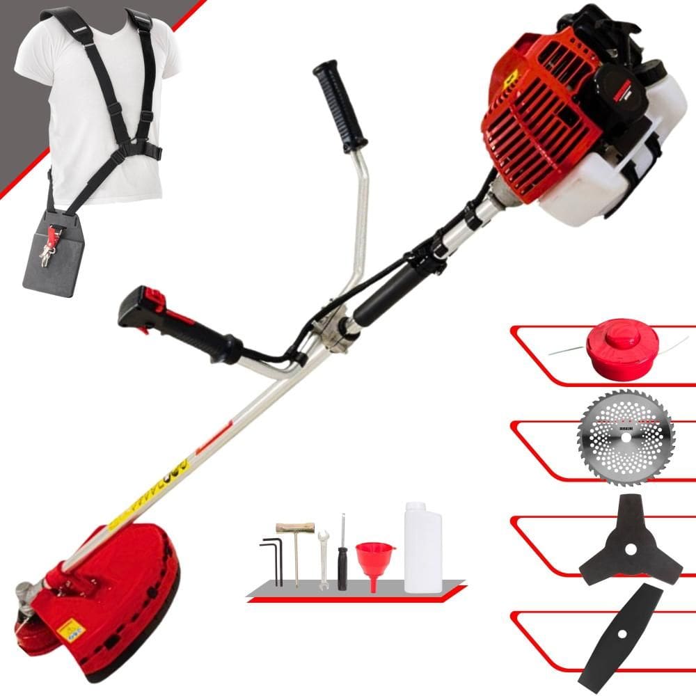 Roçadeira Robusta Kawashima KW52L À Gasolina 52cc 2,5HP 4 Opções de Corte Com Lâmina Facão, Lâmina 3 Pontas, Lâmina 40 Dentes e Carretel de Nylon