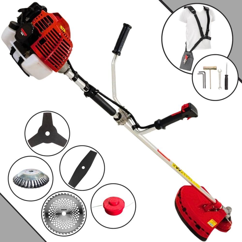 Roçadeira Aparador de Grama À Gasolina KW52L 52cc 2,5HP Com Carretel e Faca 2 Pontas + Faca 3 Pontas, Faca 40 Dentes de Vídea e Disco Escova de Aço