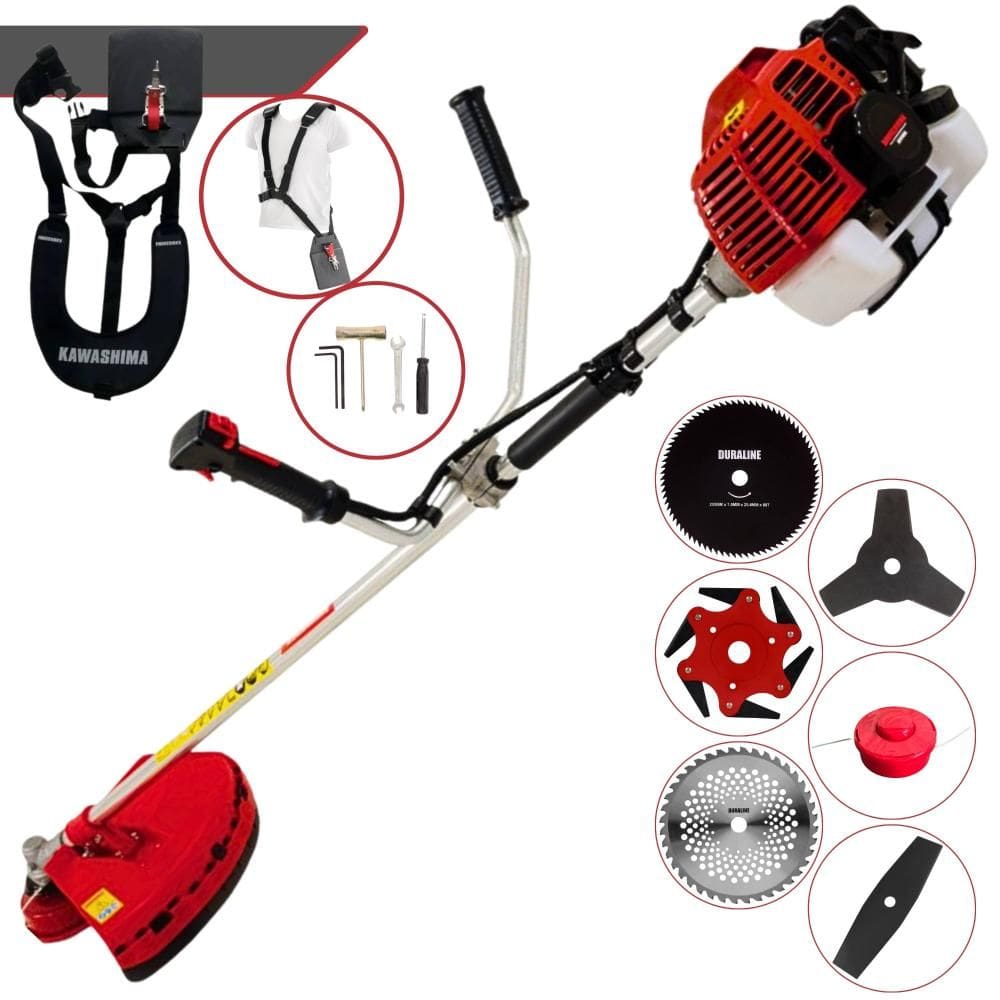 Roçadeira Kawashima KW52L À Gasolina 2T 2,5HP 52cc Com Faca 2 Pontas + Faca 3 Pontas + Faca 6 Pontas + Disco 40 Dentes + Disco 80 Dentes + Carretel
