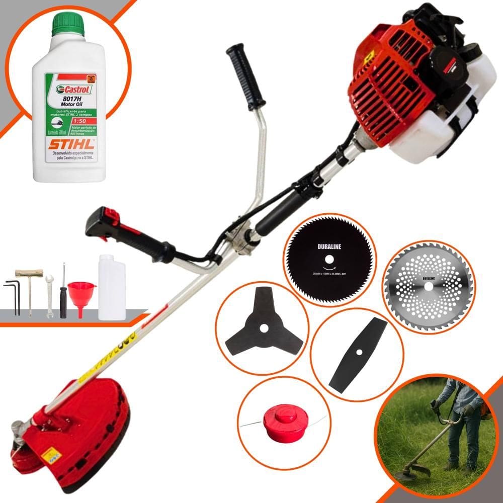 Roçadeira Cortador de Grama Lateral À Gasolina Kawashima KW52L 52cc 2,5HP Completa 5 em 1 Com Carretel + 4 Lâminas de Corte + ÓLEO STIHL 2 Tempos