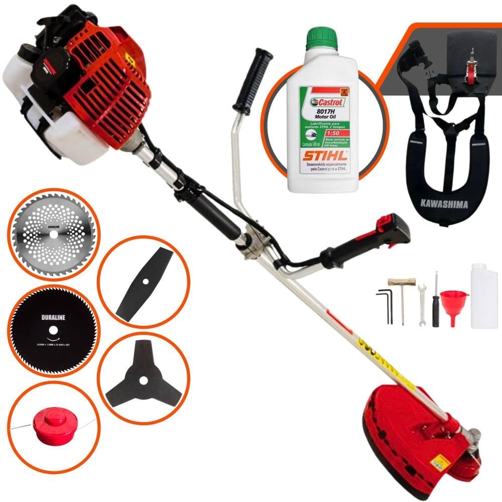 Roçadeira Robusta Kawashima KW52L À Gasolina 2,5HP 52cc Com Carretel, Faca 2 Pontas, Faca 3 Pontas, Faca 40 Dentes, Faca 80 Dentes + ÓLEO STIHL 2T