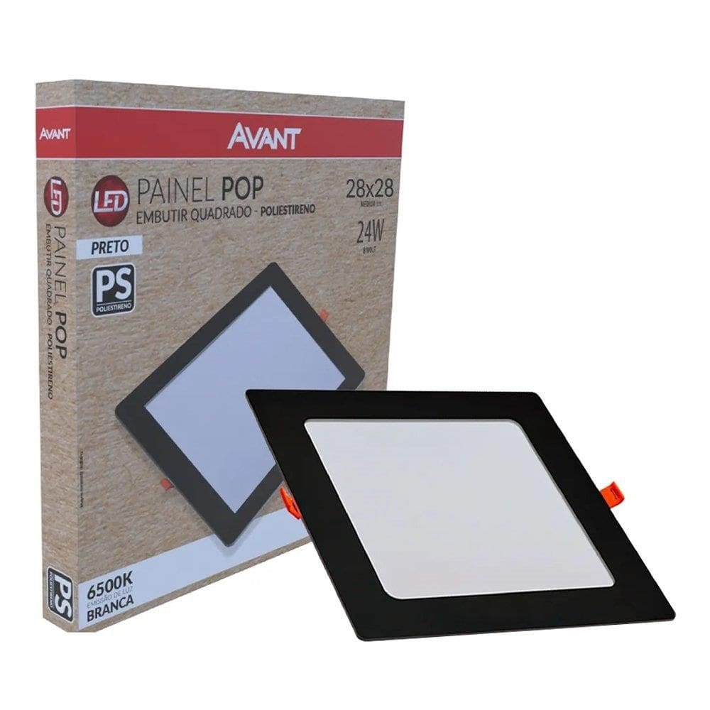 Painel Plafon Avant LED 1680 Lúmens 28cm Quadrado Embutir - 24w 6500k Plástico Preto