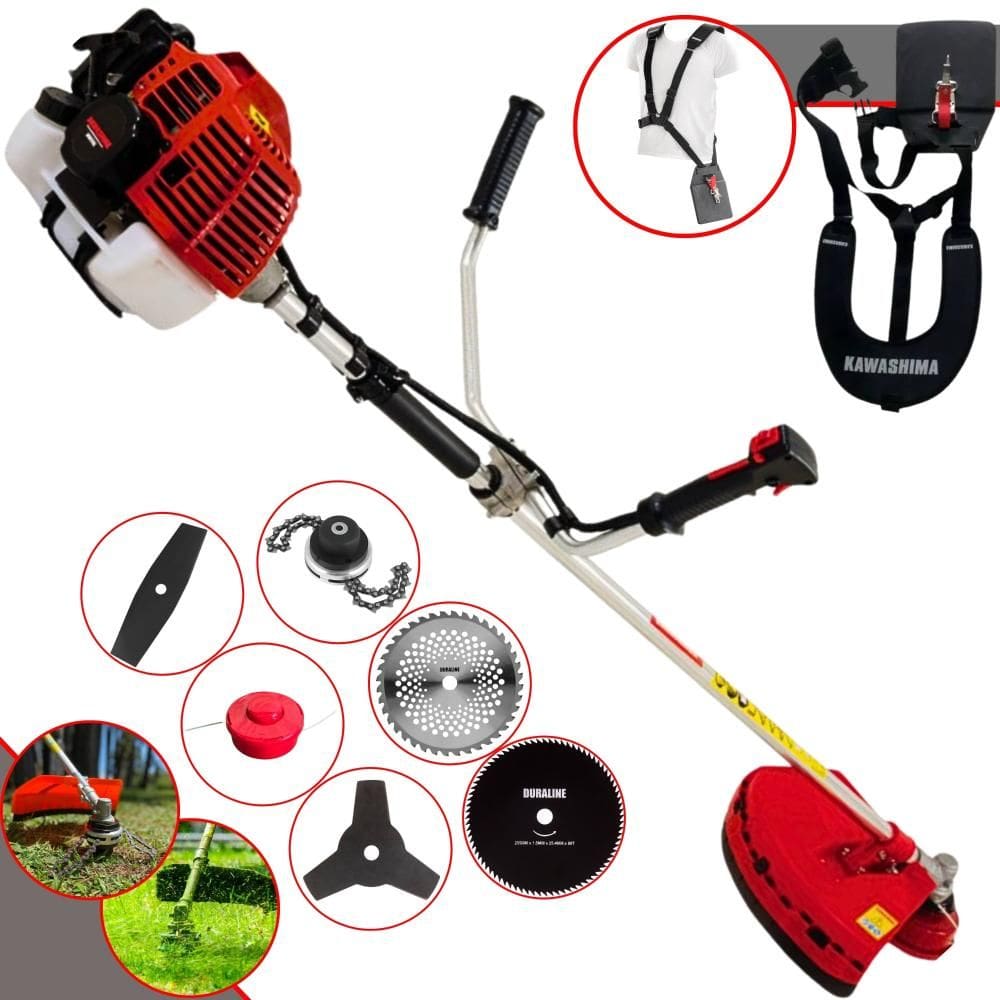 Roçadeira Robusta Kawashima KW52-L À Gasolina 2T 52cc 2,5HP 6 Opções de Corte Com Facas 2 Pontas, 3 Pontas, 40 Dentes, 80 Dentes, Trimmer e Carretel