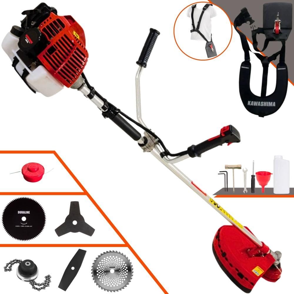 Roçadeira À Gasolina Kawashima KW52L 52cc 2,5HP Com Carretel + Faca 2 Pontas + Faca 3 Pontas + Faca 40 Dentes de Vídea + Faca 80 Dentes + Trimmer
