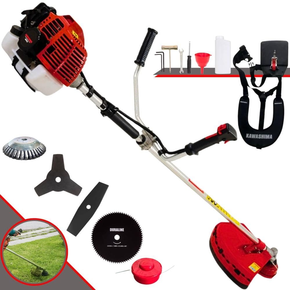 Roçadeira À Gasolina Kawashima KW52L 2T 52cc 10.000rpm 2,5HP 5 Opções de Corte Com Facas 2 Pontas, 3 Pontas, 80 Dentes, Escova de Aço e Carretel