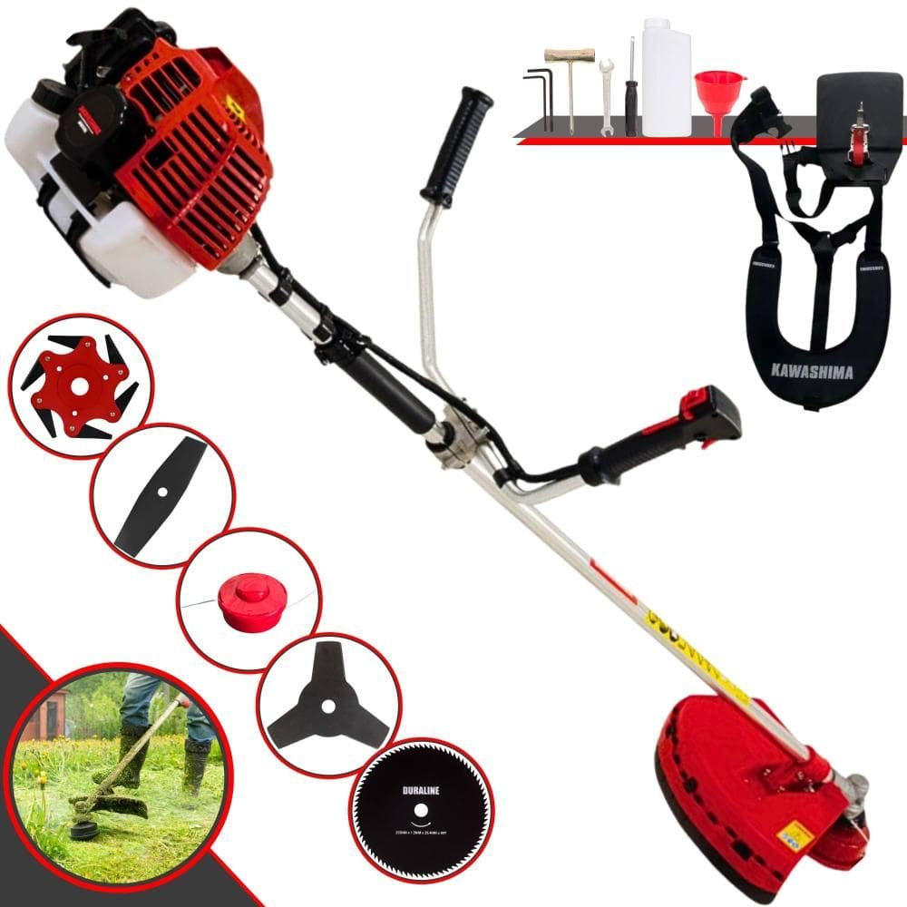 Roçadeira Robusta Kawashima KW52-L À Gasolina 2T 52cc 10.000rpm 2,5HP Completa 5 Opções de Corte Com Facas 2 Pontas, 3 Pontas, 6 Pontas e 80 Dentes