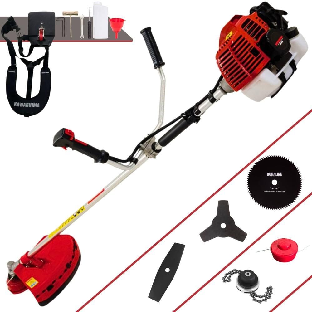 Roçadeira Kawashima KW52-L 2T 52cc 10.000rpm 2,5HP de Potência Completa Com Carretel e Faca 3 Pontas + Faca 2 Pontas + Faca 80 Dentes + Trimmer