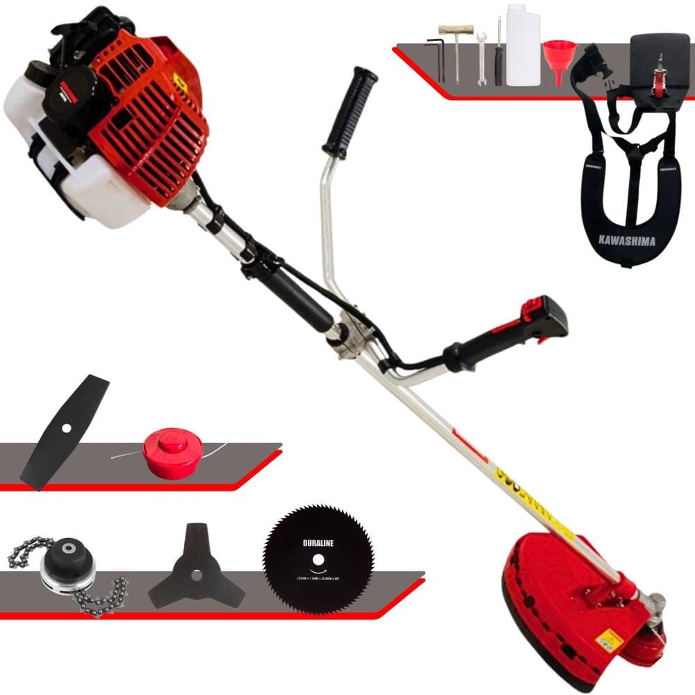 Roçadeira Profissional Completa Kawashima KW52L À Gasolina 52cc 10.000rpm 2,5HP de Potência Com Kit 3 Lâminas de Corte, Trimmer e Carretel de Nylon