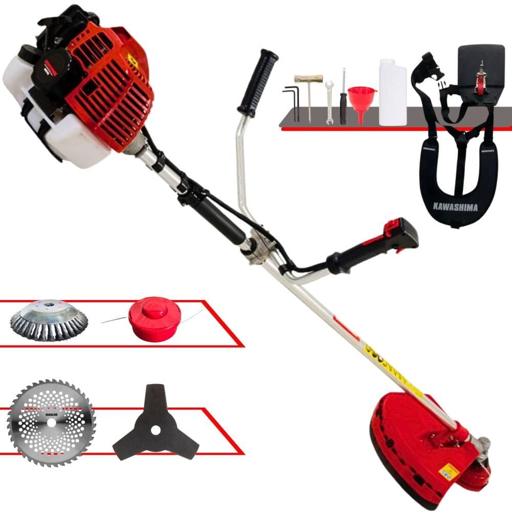 Roçadeira Kawashima KW52L À Gasolina 52cc 2,5HP Alta Rotação e Performance Com Carretel Nylon e Faca 3 Pontas + EXTRA Faca 40 Dentes + Escova de Aço