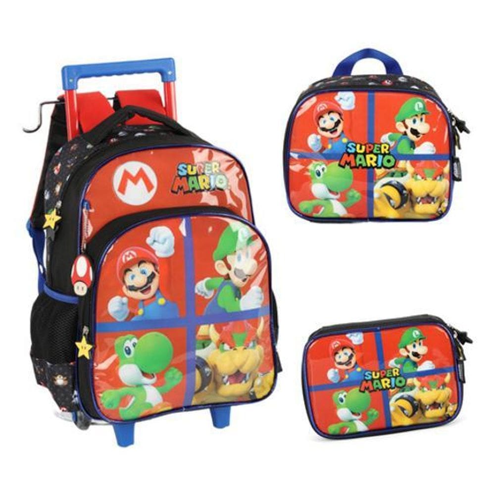 Kit Mochila Carrinho Lancheira Estojo  Super Mario