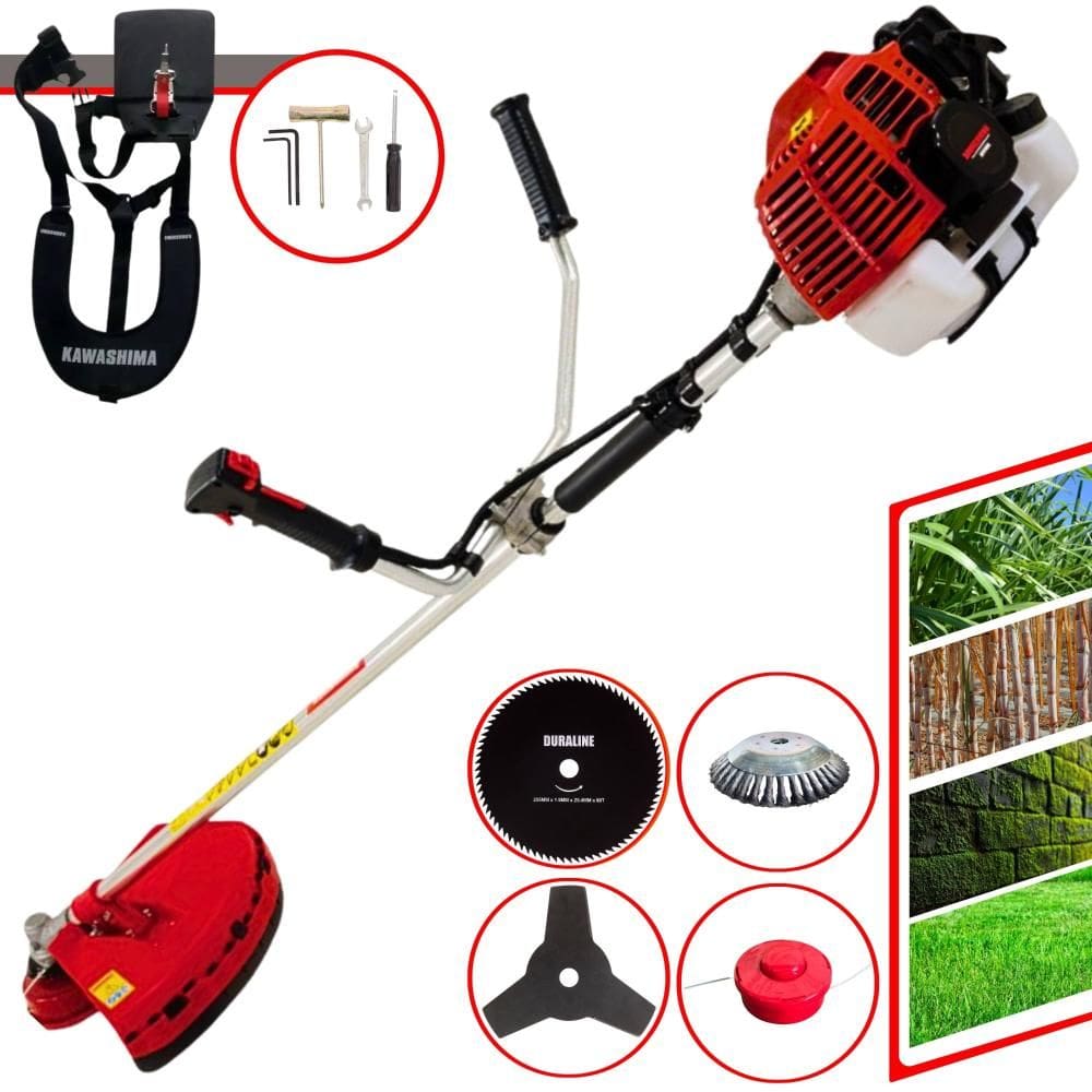 Roçadeira Robusta Kawashima KW52L À Gasolina 2T 52cc 2,5HP 4 Opções de Corte Com Lâmina 3 Pontas, Lâmina 80 Dentes, Escova de Aço e Carretel de Nylon
