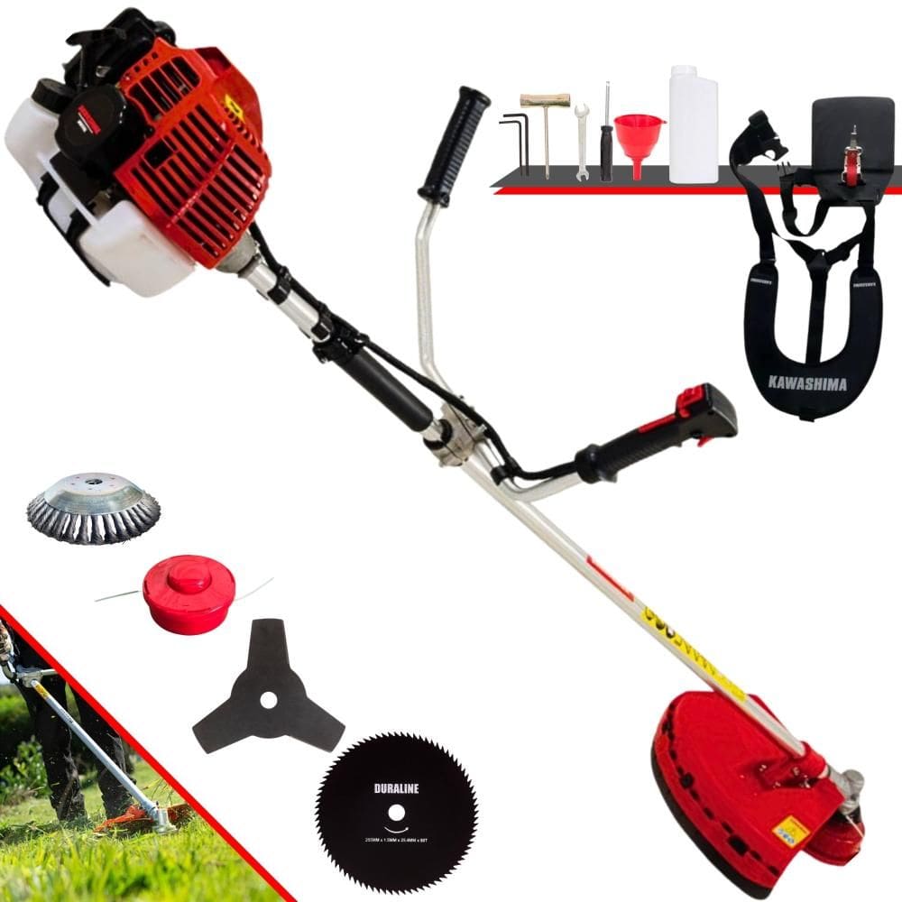 Roçadeira Profissional Kawashima KW52L À Gasolina 52cc 10.000rpm 2,5HP 4 Opções de Corte Com Faca 3 Pontas, Faca 80 Dentes, Escova de Aço e Carretel