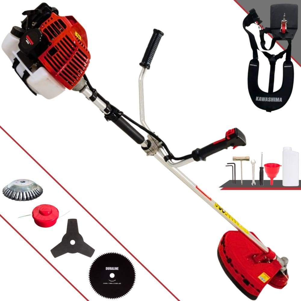 Roçadeira Lateral Completa Kawashima KW52L Motor 2T 52cc 10000rpm 2,5HP de Potência Com Carretel e Faca 3 Pontas + Faca 80 Dentes + Escova de Aço