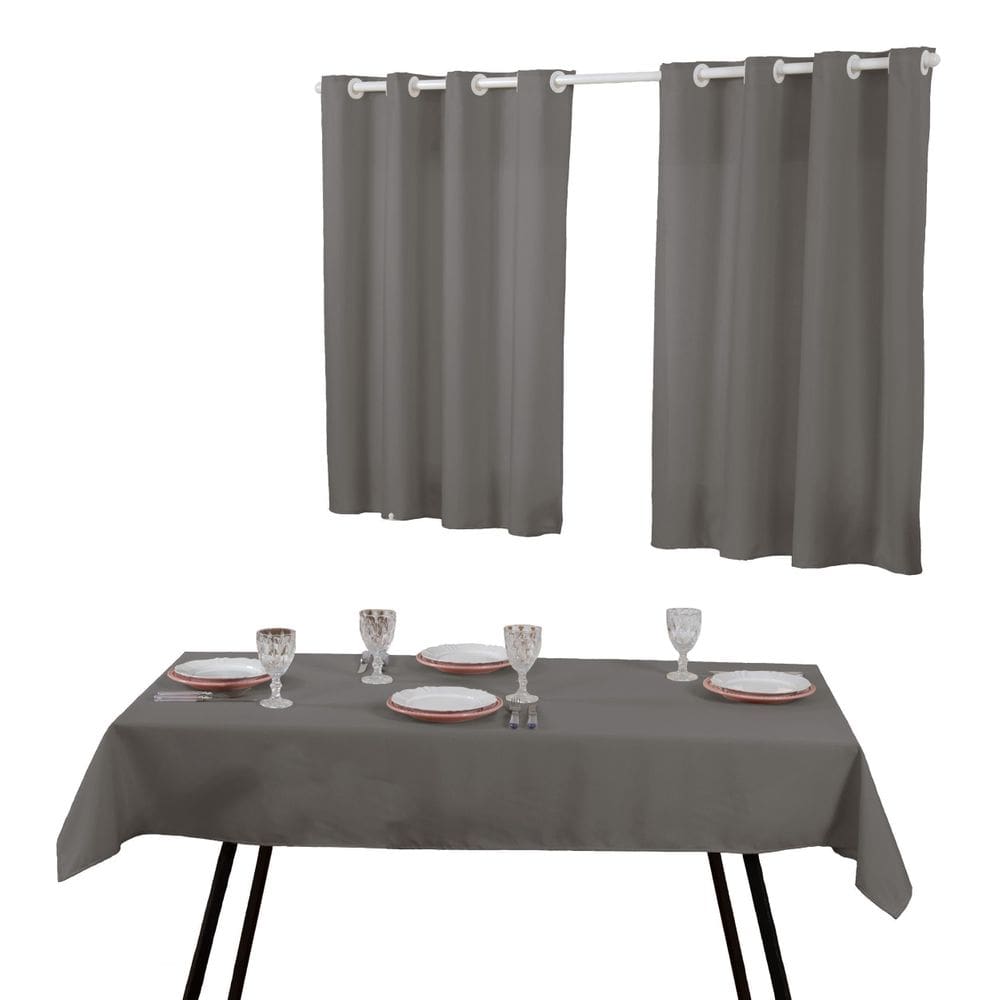 Kit Cortina Para Cozinha E Toalha De Mesa 6 Cadeiras Cinza