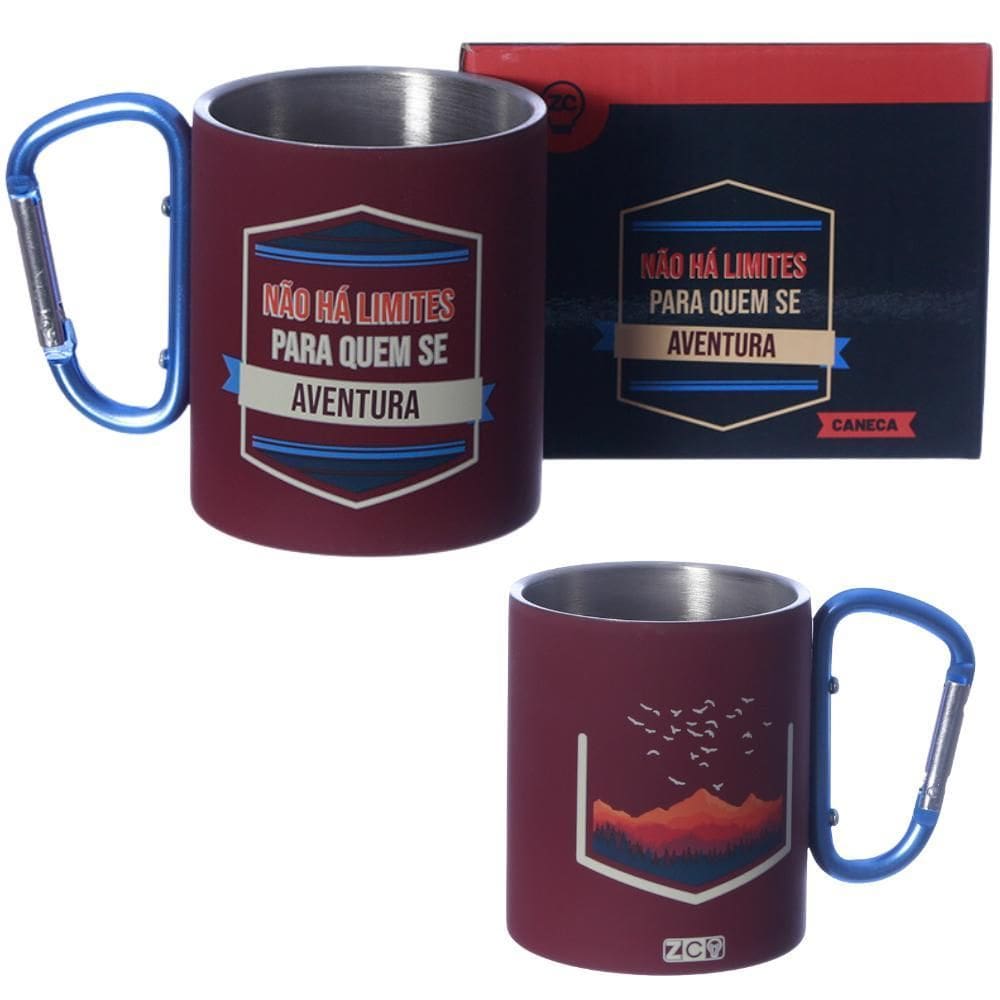 Caneca Frase Motivacional Aço Inox Vermelho Mosquetão 300Ml