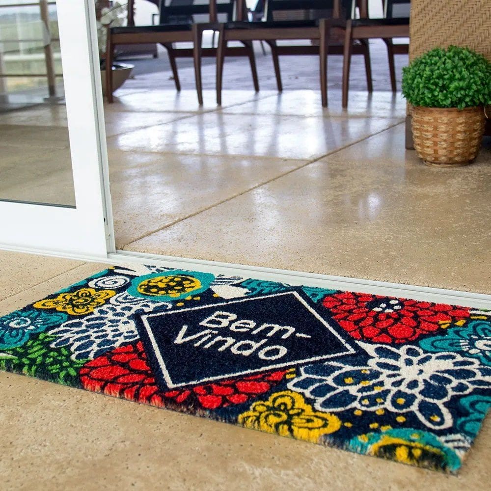 Capacho Retangular Fibra De Coco Base PVC 75x45cm - Komeco - Floral Verde