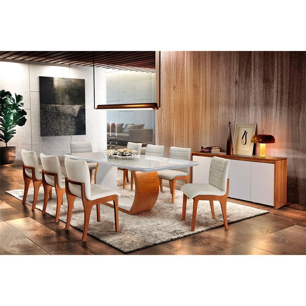 Mesa para Sala De Jantar Bella 2,20cm com 8 Cadeiras em Madeira e Vidro Mobillare