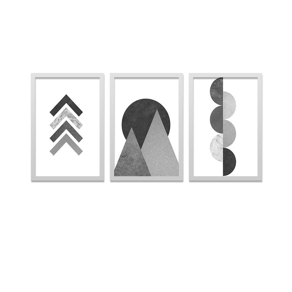 Conjunto Kit 3 Quadros Geometria Artística Moldura Branca