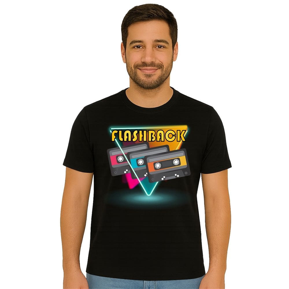 Camiseta Adulta Manga Curta Temática Flash Back Fitas