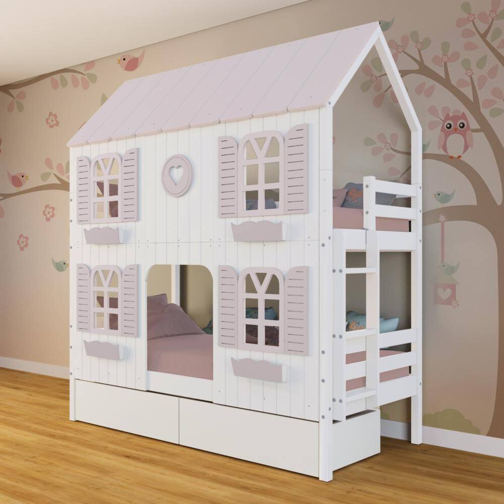 Beliche Casinha Bela com Coração 2 Gavetas 4 Janelas Venezianas - Madeira Maciça Branco/Rosa | Megamobilia