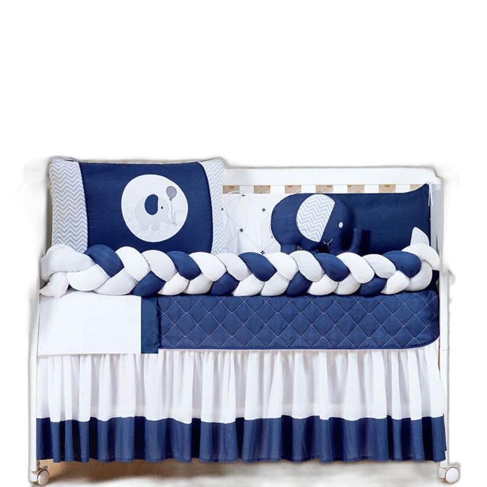 Kit Berço Elefante Trança Azul Marinho 100% Algodão 9 Peças