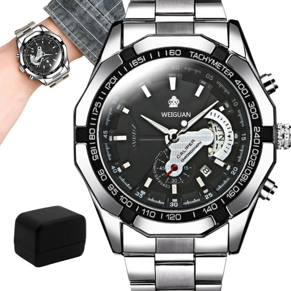 Relógio Masculino Bracelete Aço Inox Fundo Preto + Caixa