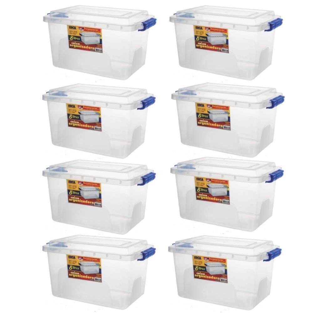 Kit 8 Caixas Organizadora Alta Tampa E Trava Transparente 8L