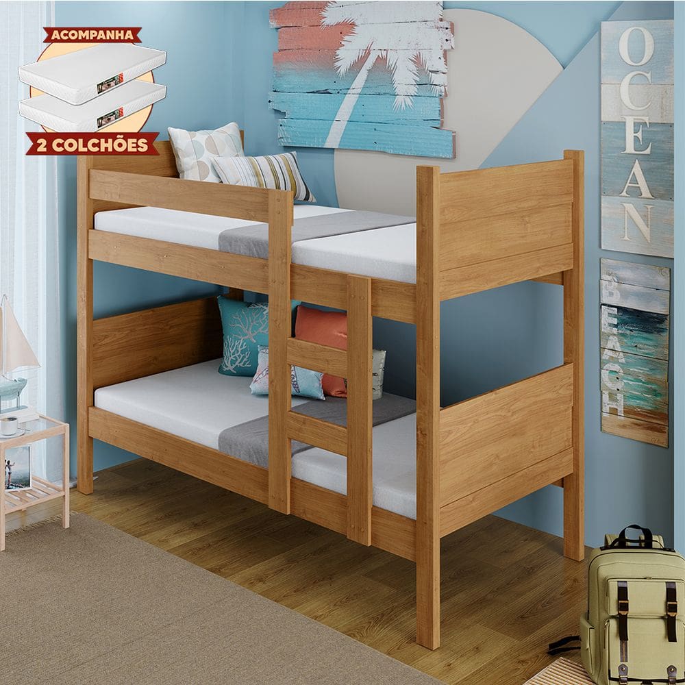 Beliche 100% Mdf Fortaleza - Duas Camas Solteiro Compacta e Moderna Amêndoa com 2 Colchões
