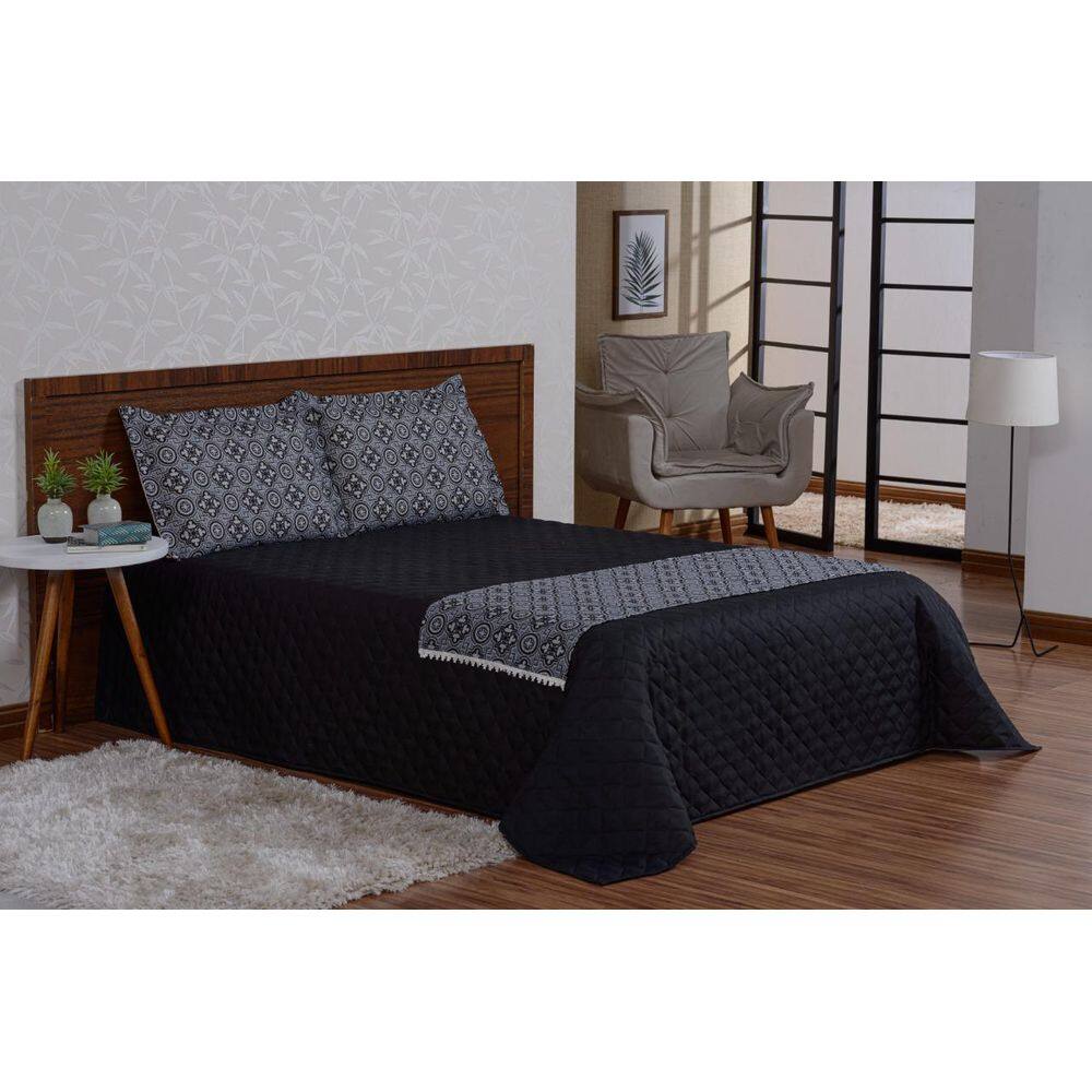 Colcha Com Xale De Algodão 4 Peças Preto Valencia Casal