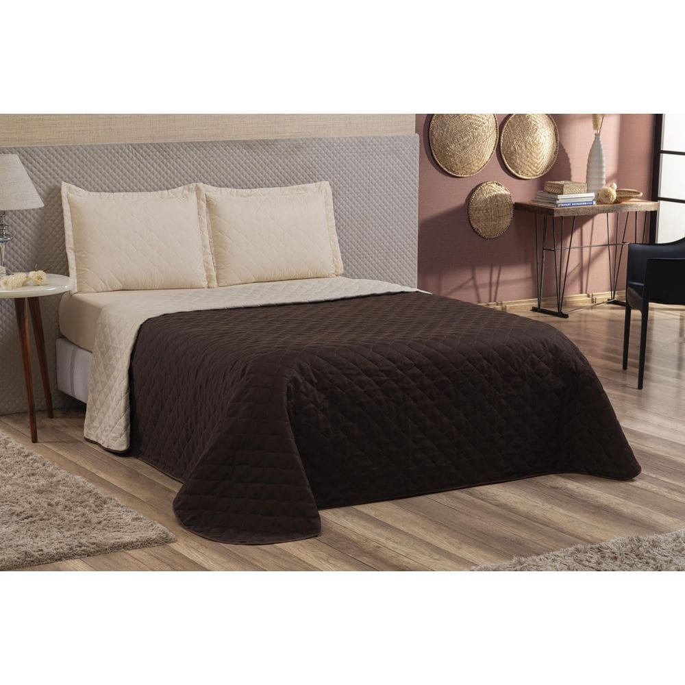 Kit Colcha Cobre Leito Queen Viés 3 Peças Marrom/Caqui