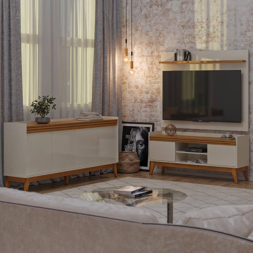 Conjunto Sala de Estar Rack com Painel para Tv até 50 Polegada e Buffet Ripado 4 Portas - ViaNossa