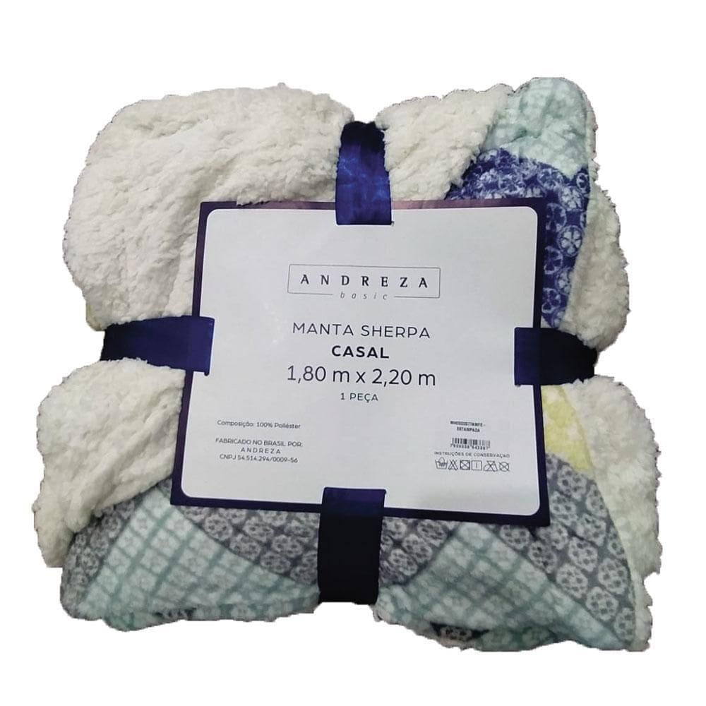 Manta Sherpa Casal Andreza Zig Zag Azul