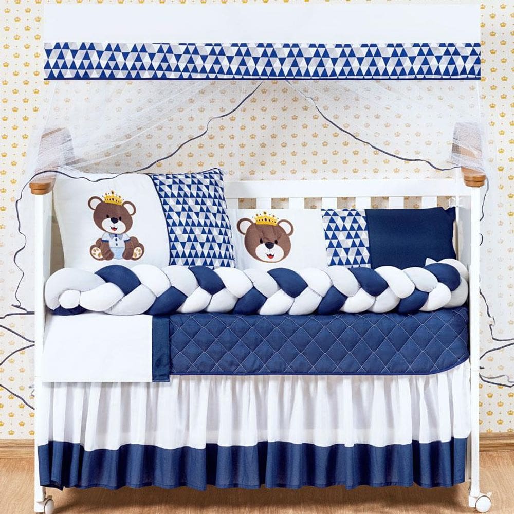 Kit Jogo de Berço Menino Urso Rei 14 Peças Com Saia Box