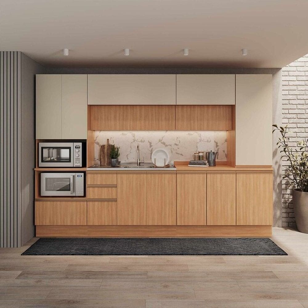 Cozinha Modulada 6 Peças Armários, Balcões, Torre Quente, Paneleiro Aroeira Cabecasa Madeiramadeira Cinza Sereno/Cedro