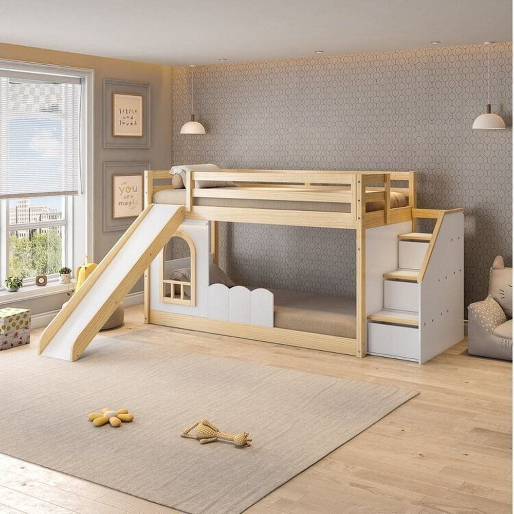 Beliche Infantil Montessoriana Janela com Cerquinha, Escorregador e Led New Garden Casatema Natural/Branco