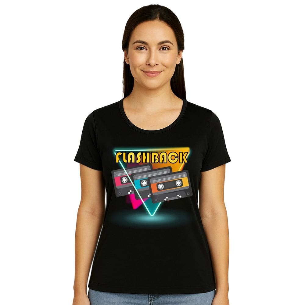 Camiseta Adulta Manga Curta Temática Flash Back Estampa Fitas