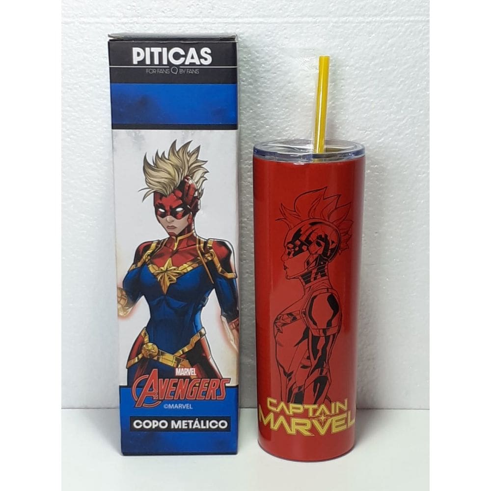 Copo Metálico Capitã Marvel 590ml com Canudo- Piticas