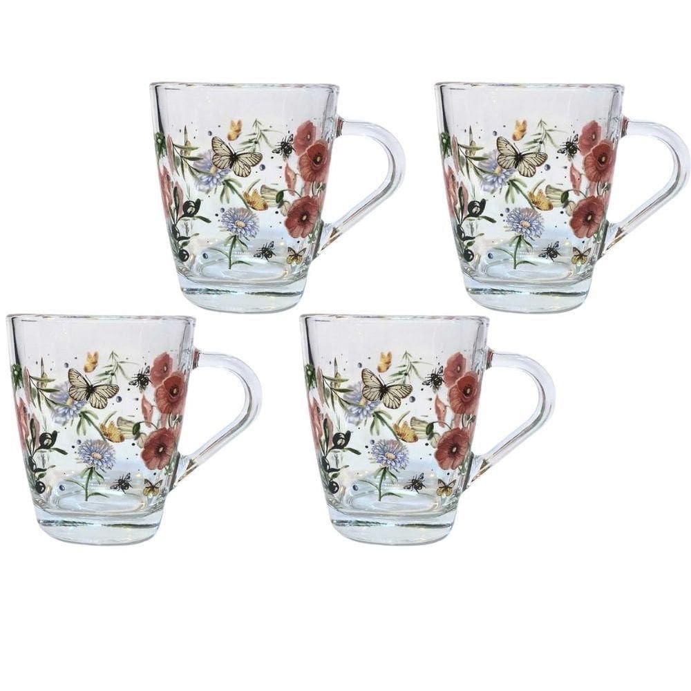 Jogo 4 Canecas Vidro Quadrada Para Chá Cappuccino 300ml Borboleta
